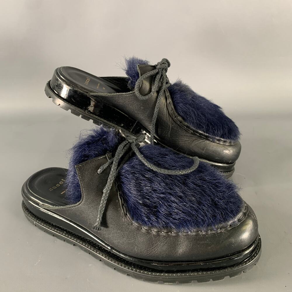 SACAI Size 8 Black Navy Leather Mules Loafers